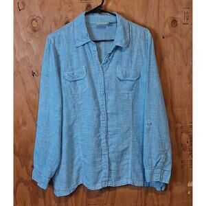 Chico's Shirt Women's Large (2) 100% Linen Turquoise Check Classic Preppy Summer